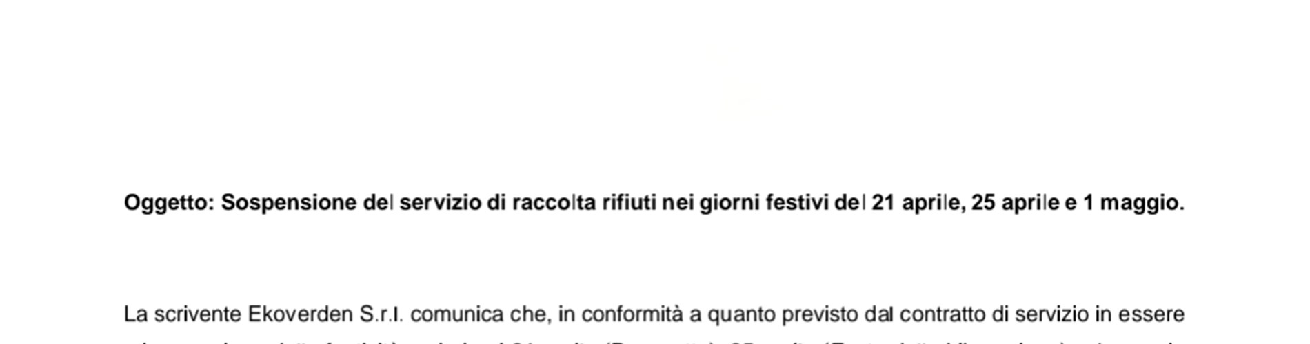 Sospensione raccolta nelle festività Sospensione raccolta nelle festività